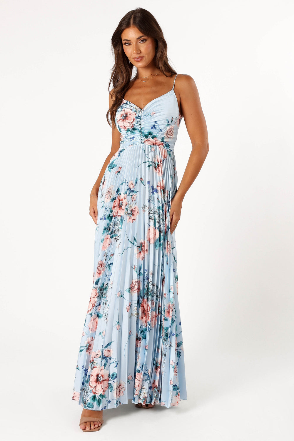 DRESSES @Naira Pleated Maxi Dress - Blue Floral