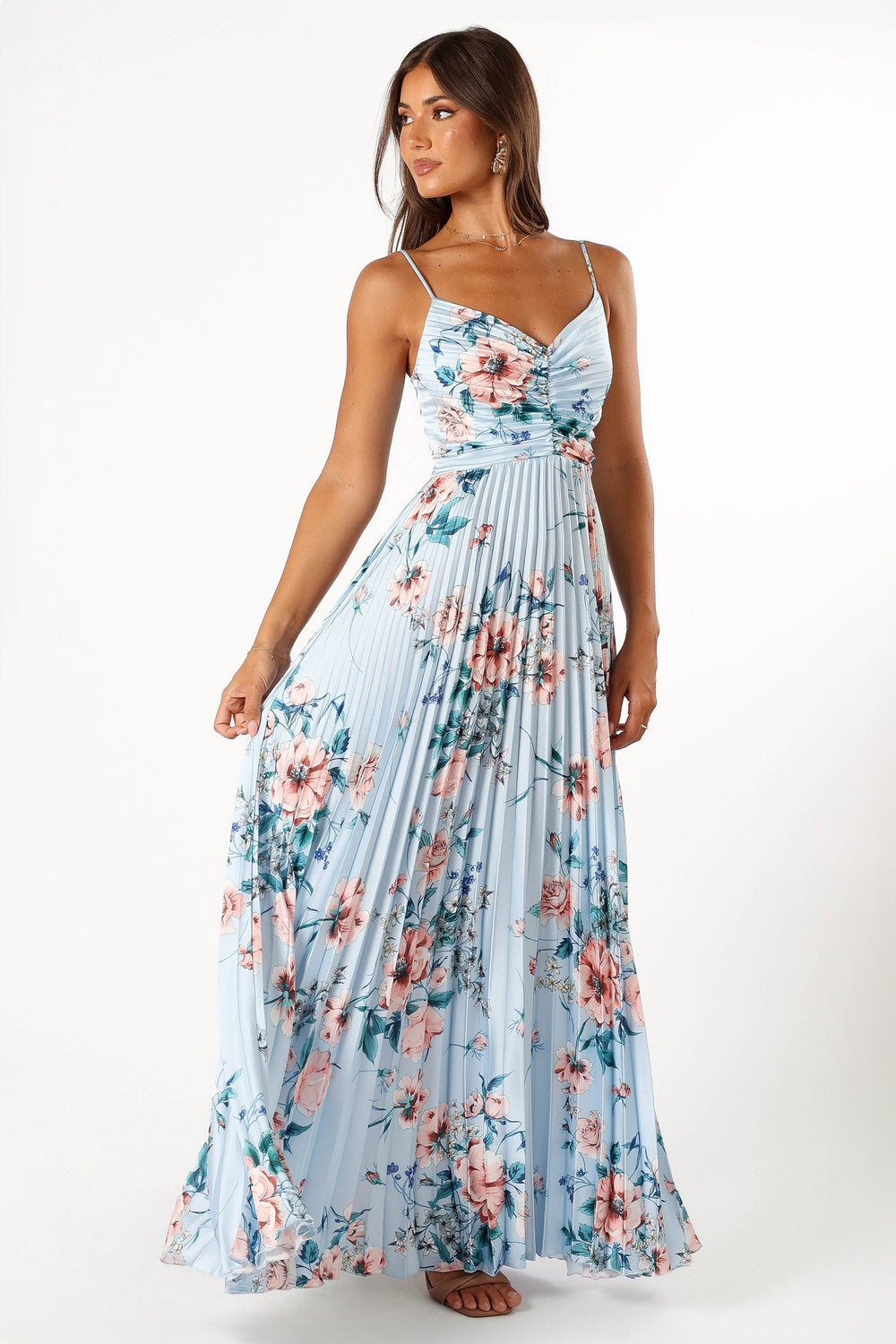DRESSES @Naira Pleated Maxi Dress - Blue Floral