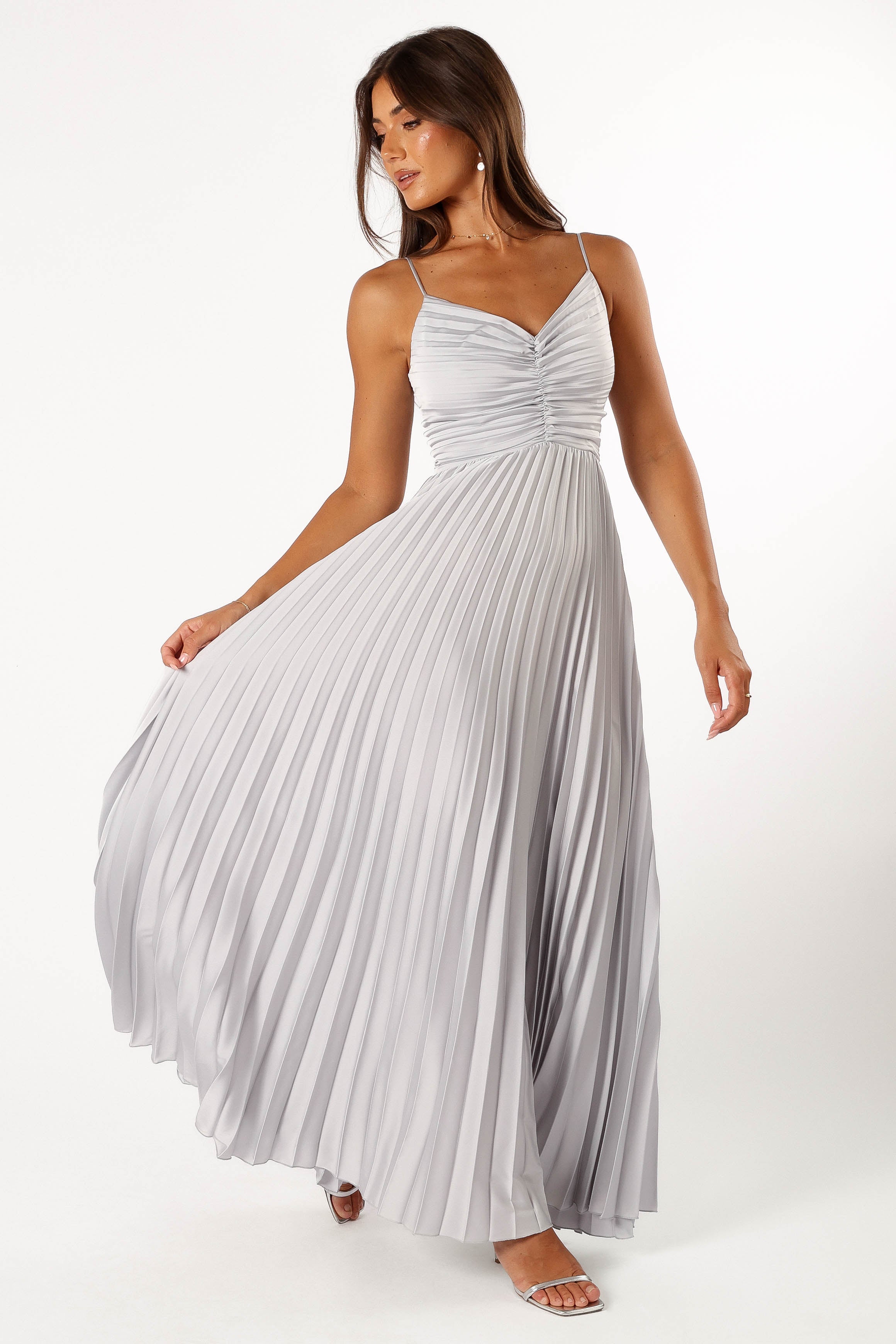 DRESSES @Naira Pleated Maxi Dress - Silver