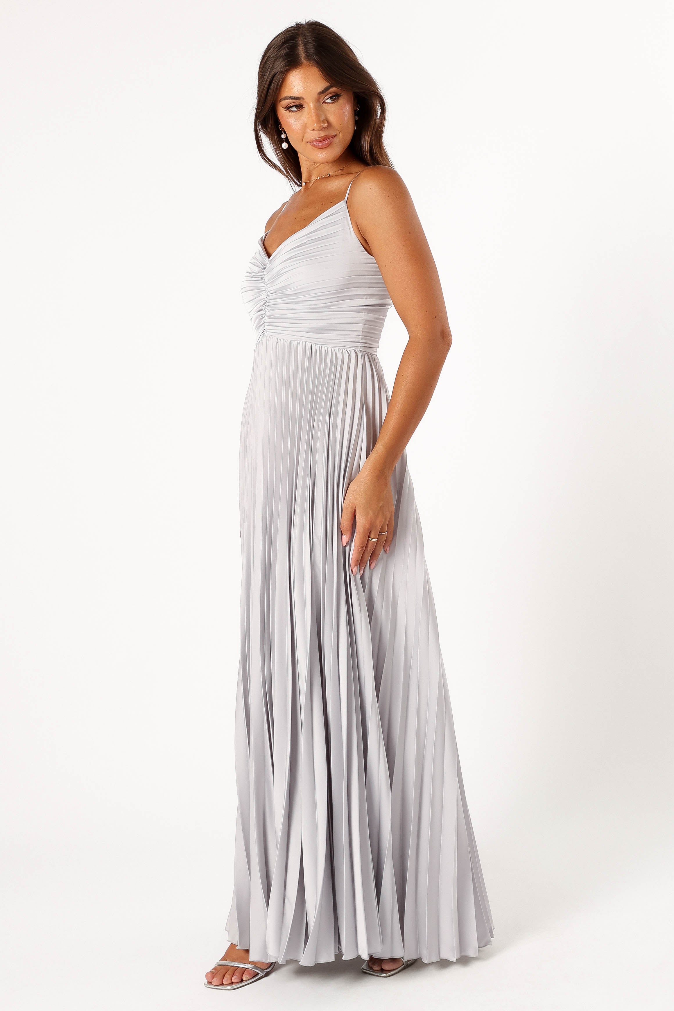DRESSES @Naira Pleated Maxi Dress - Silver