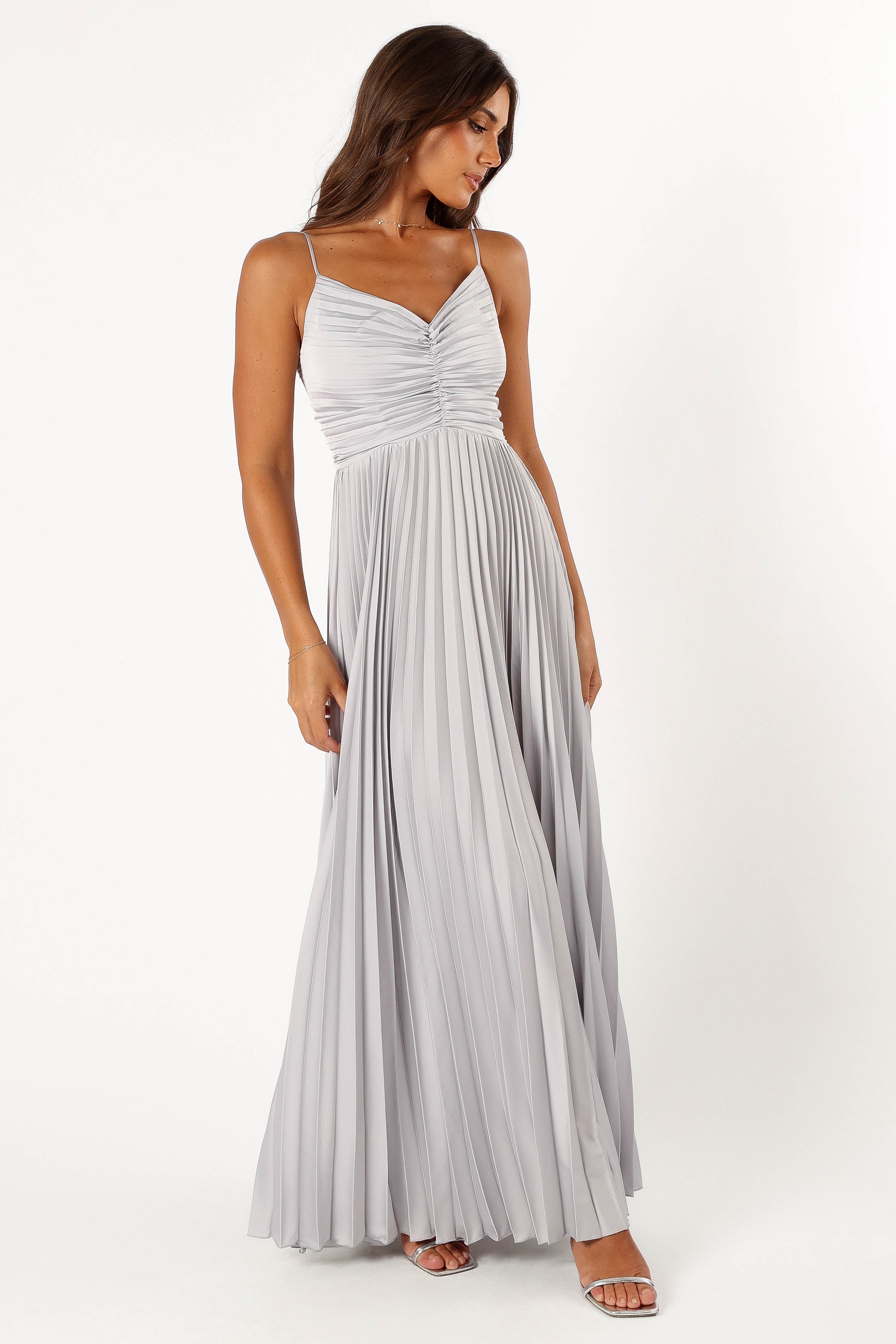 DRESSES @Naira Pleated Maxi Dress - Silver