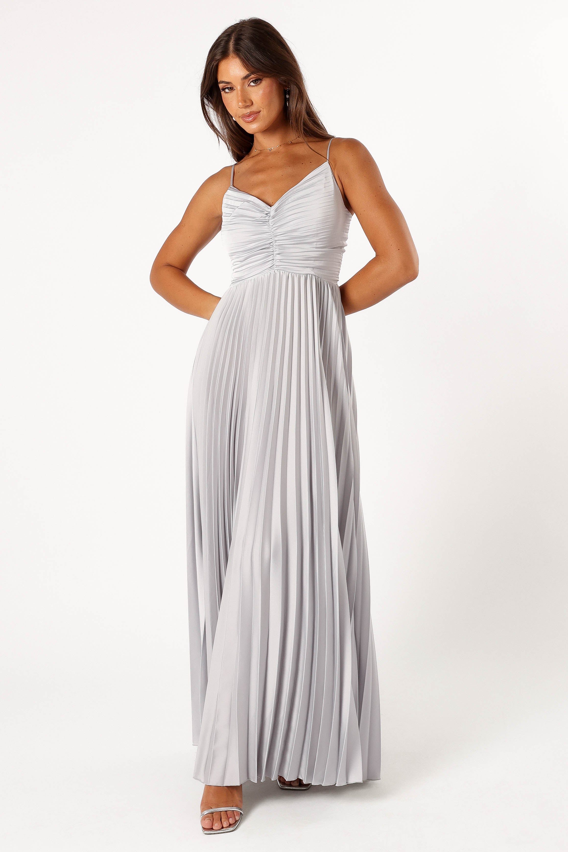 DRESSES @Naira Pleated Maxi Dress - Silver