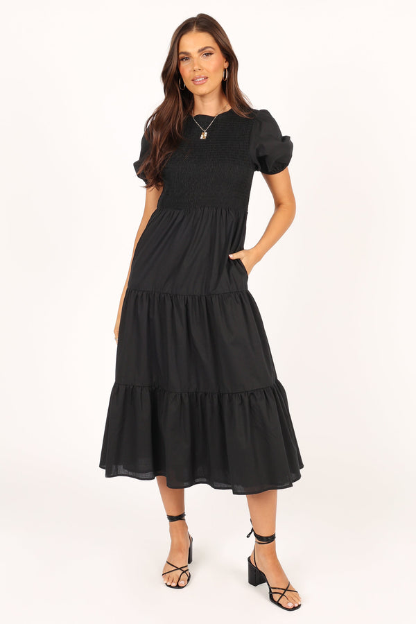 DRESSES Naura Shirred Tiered Midi Dress - Black