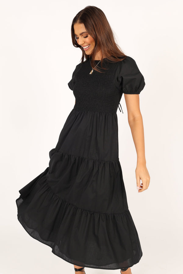 DRESSES Naura Shirred Tiered Midi Dress - Black