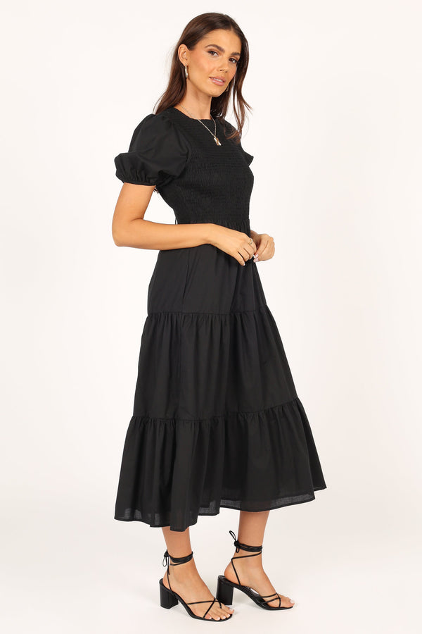 DRESSES Naura Shirred Tiered Midi Dress - Black