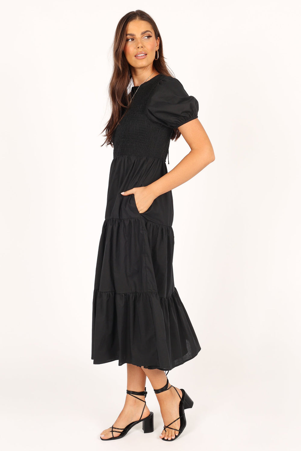 Naura Shirred Tiered Midi Dress - Black - Petal & Pup