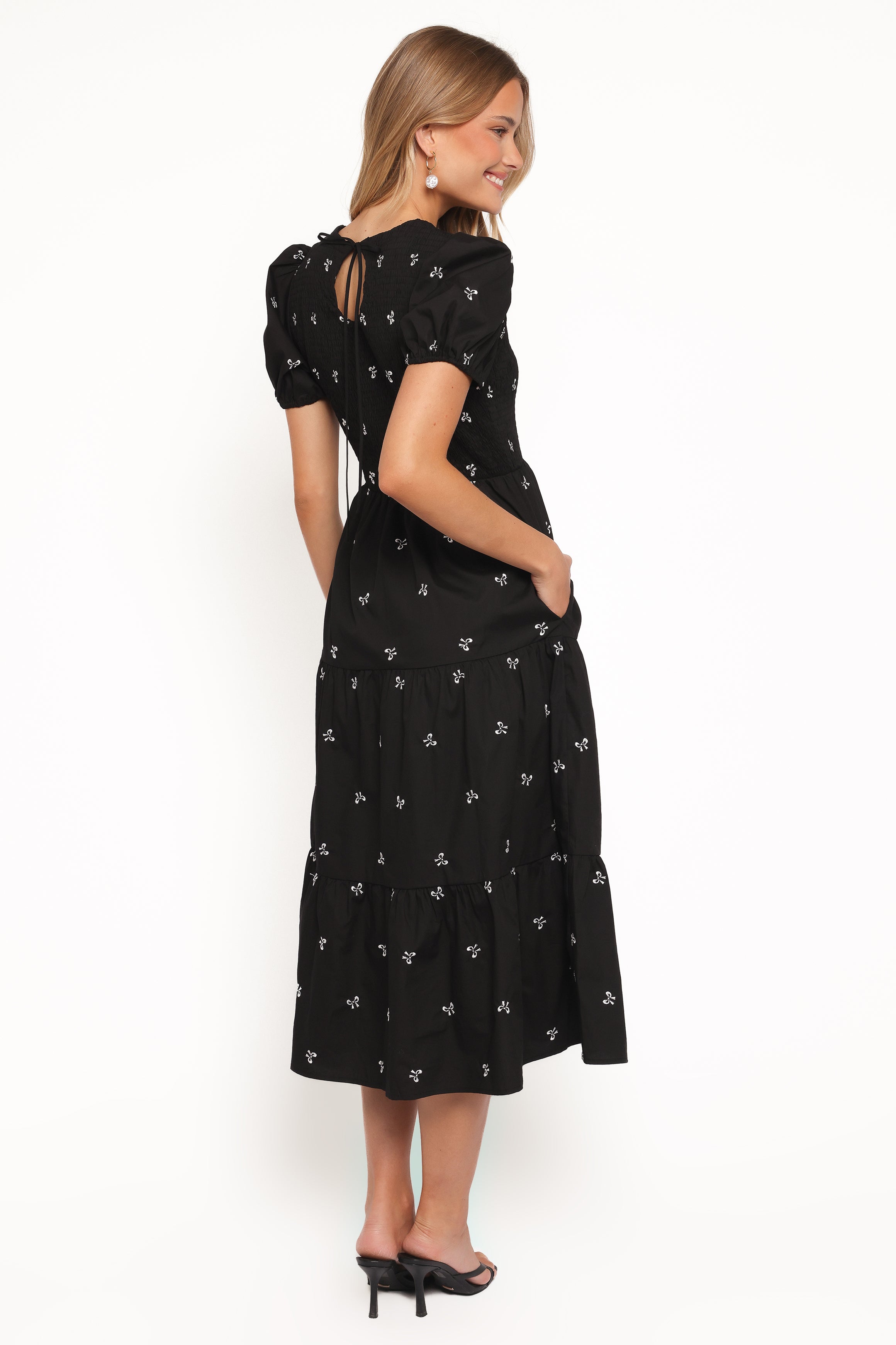 DRESSES Naura Shirred Tiered Midi Dress - Black Bow