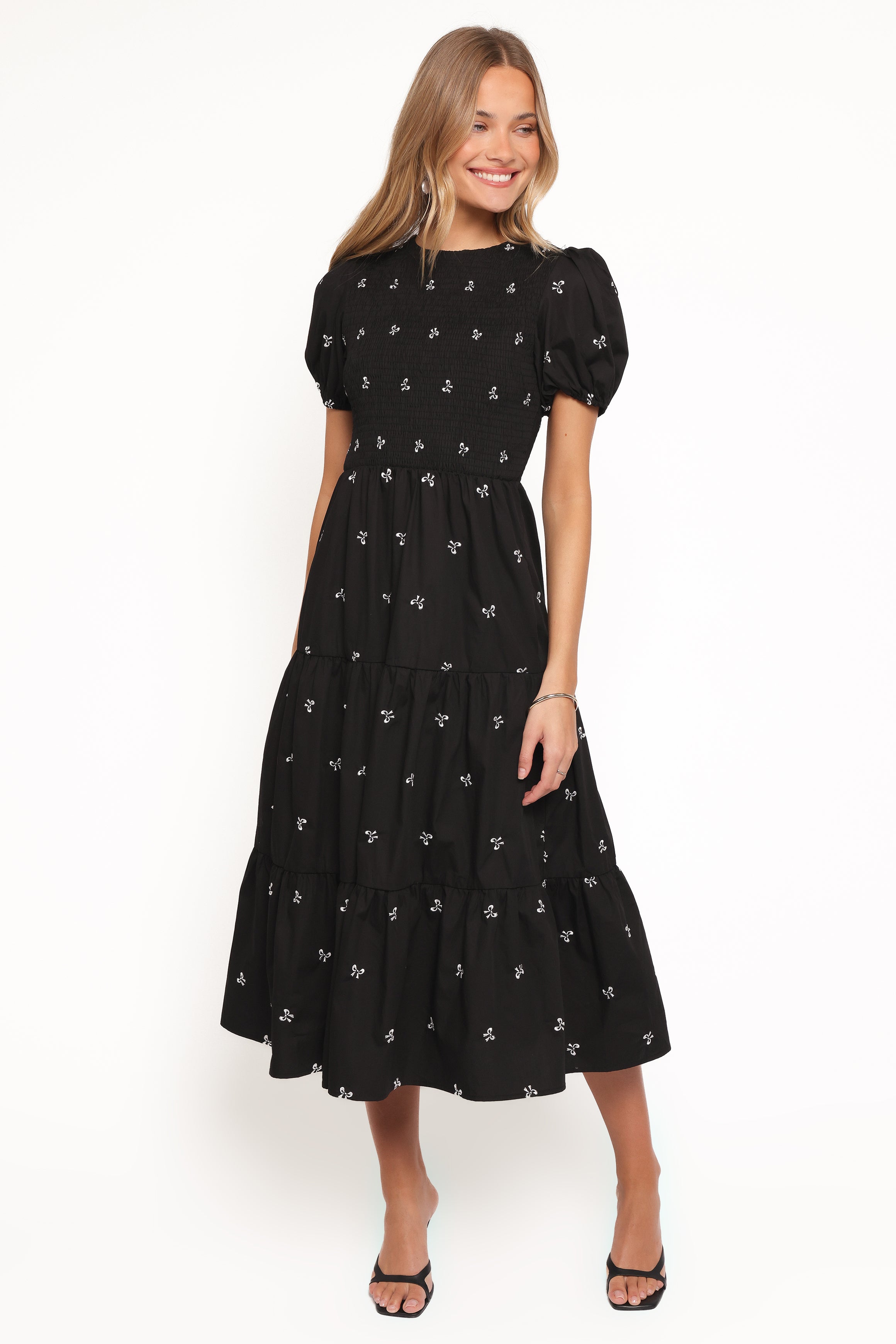 DRESSES Naura Shirred Tiered Midi Dress - Black Bow