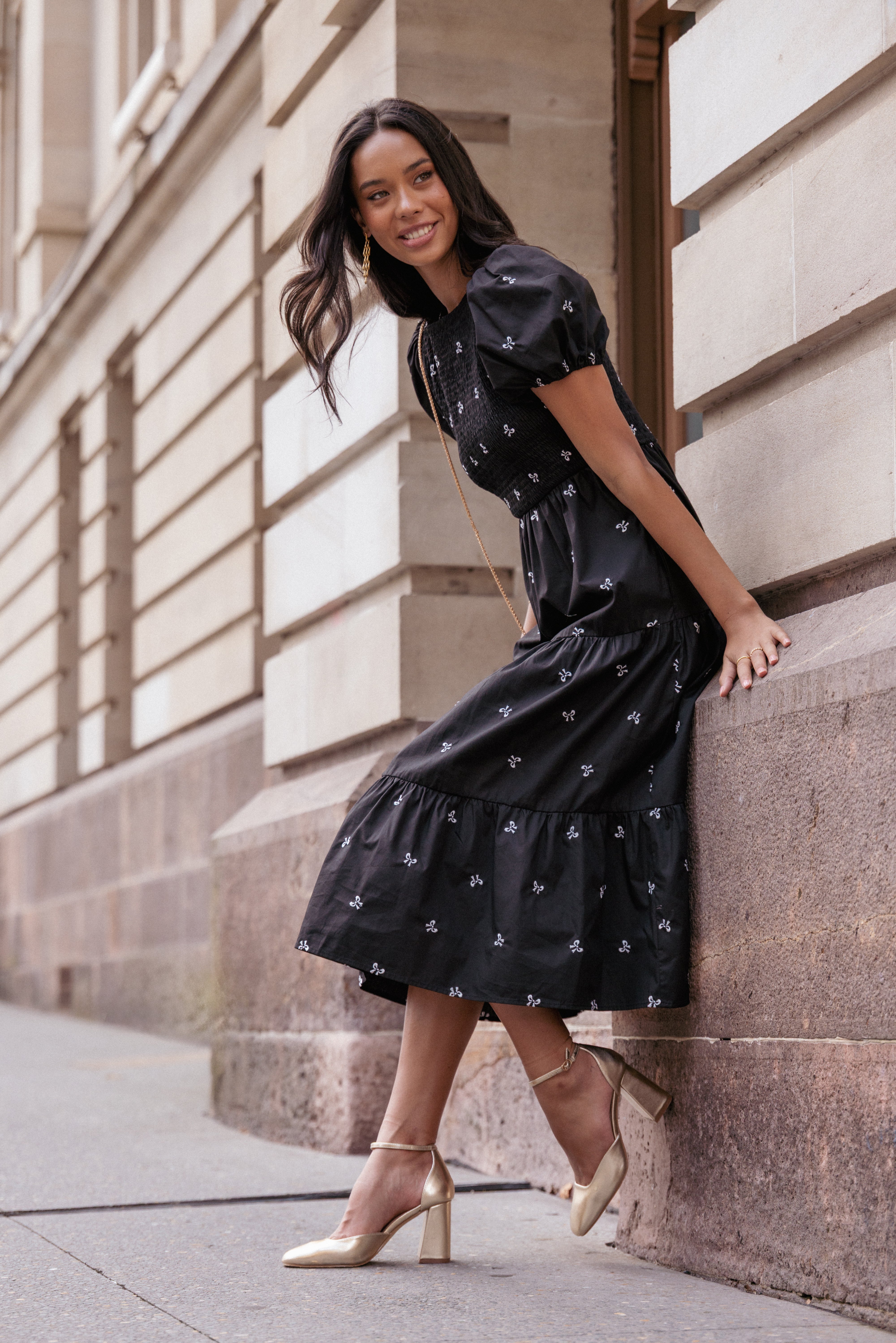 DRESSES Naura Shirred Tiered Midi Dress - Black Bow