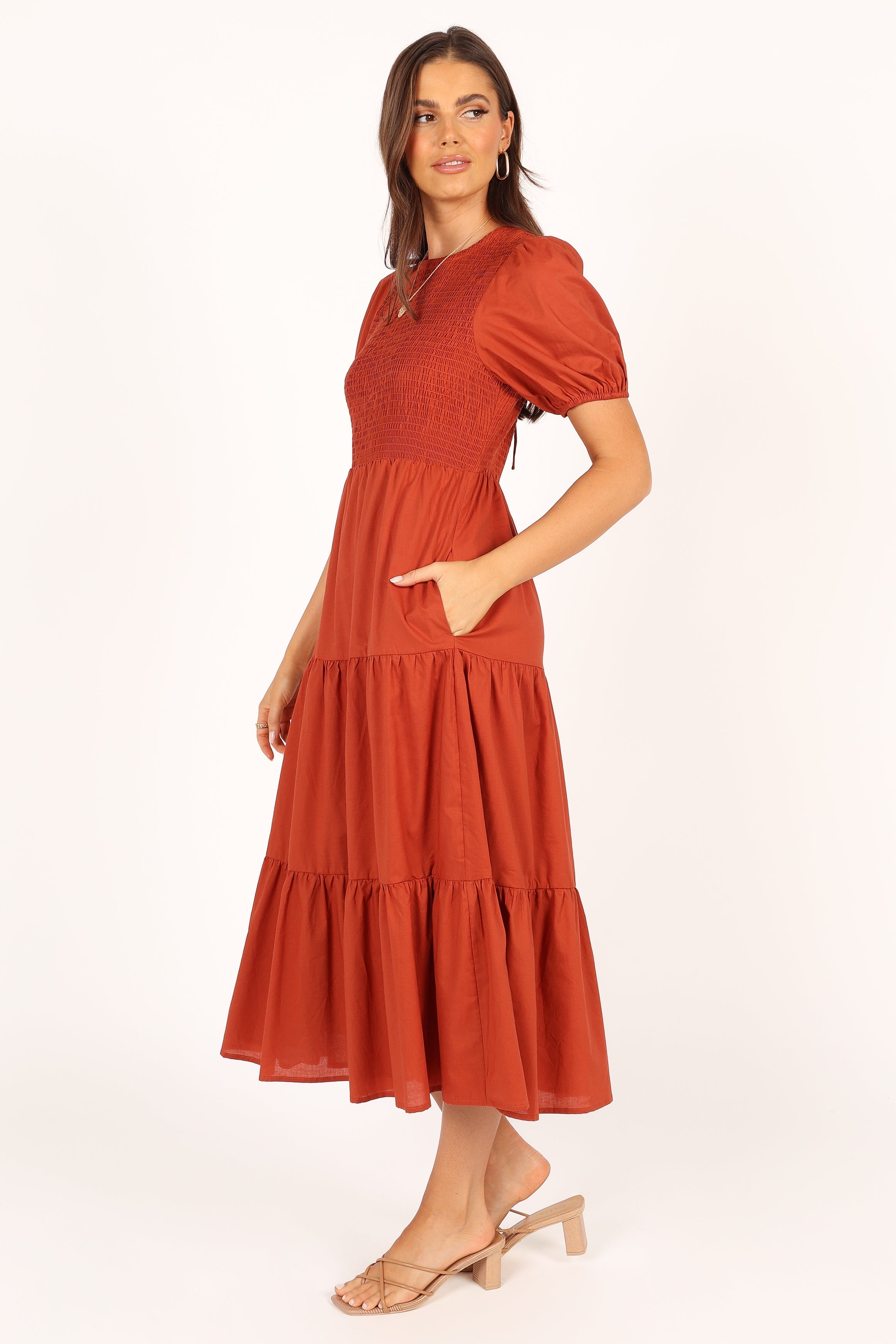 DRESSES Naura Shirred Tiered Midi Dress - Rust