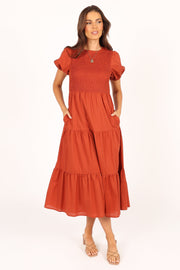 DRESSES Naura Shirred Tiered Midi Dress - Rust