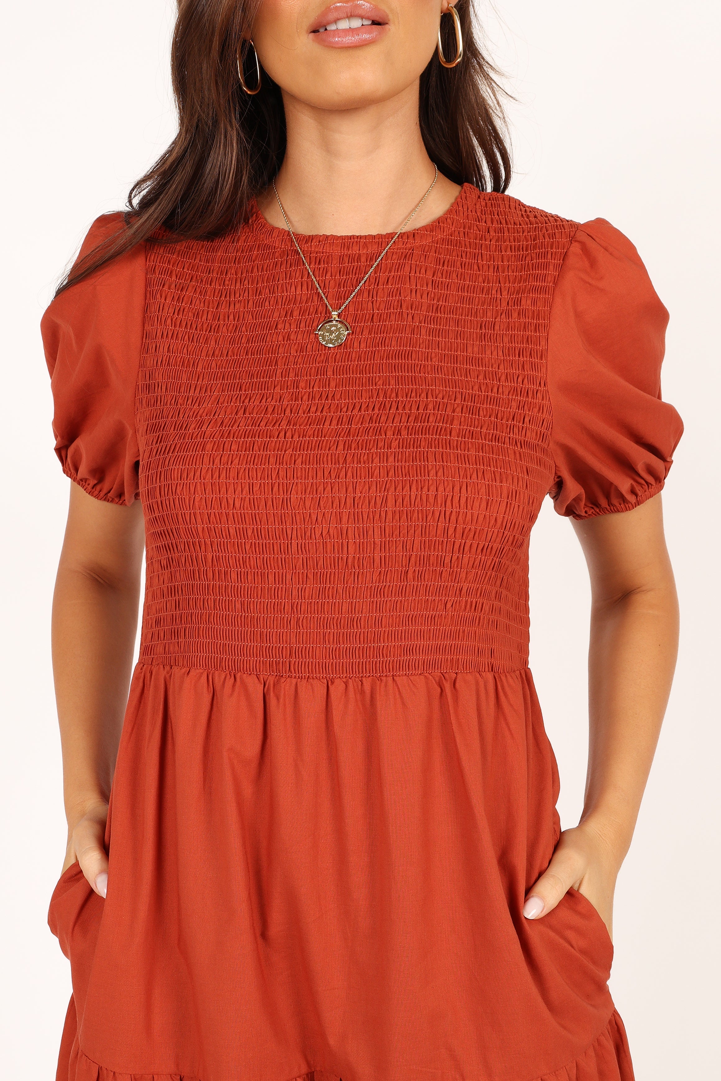 DRESSES Naura Shirred Tiered Midi Dress - Rust