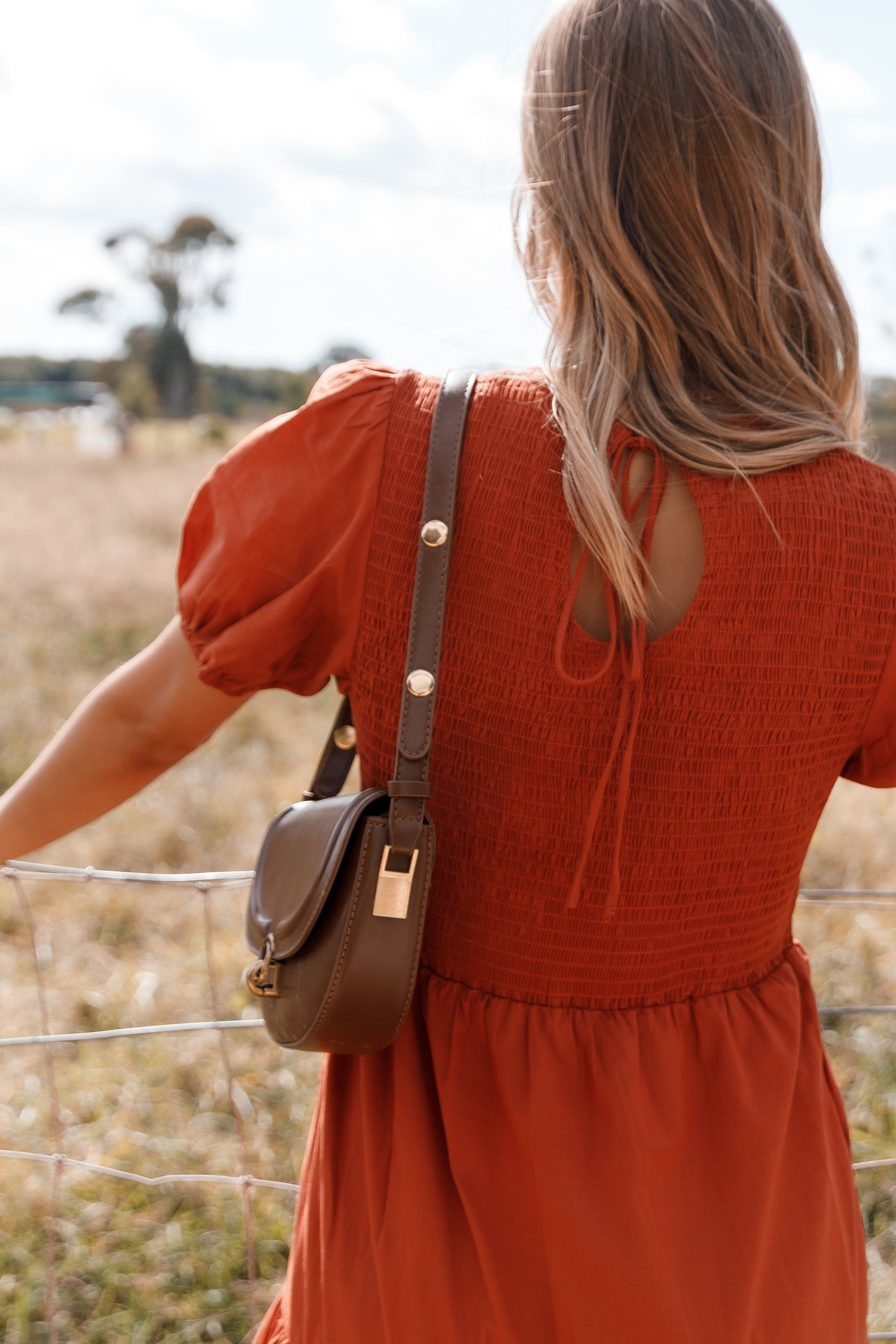 DRESSES Naura Shirred Tiered Midi Dress - Rust