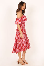DRESSES @Neoma Strapless Midi Dress - Red Palm Print