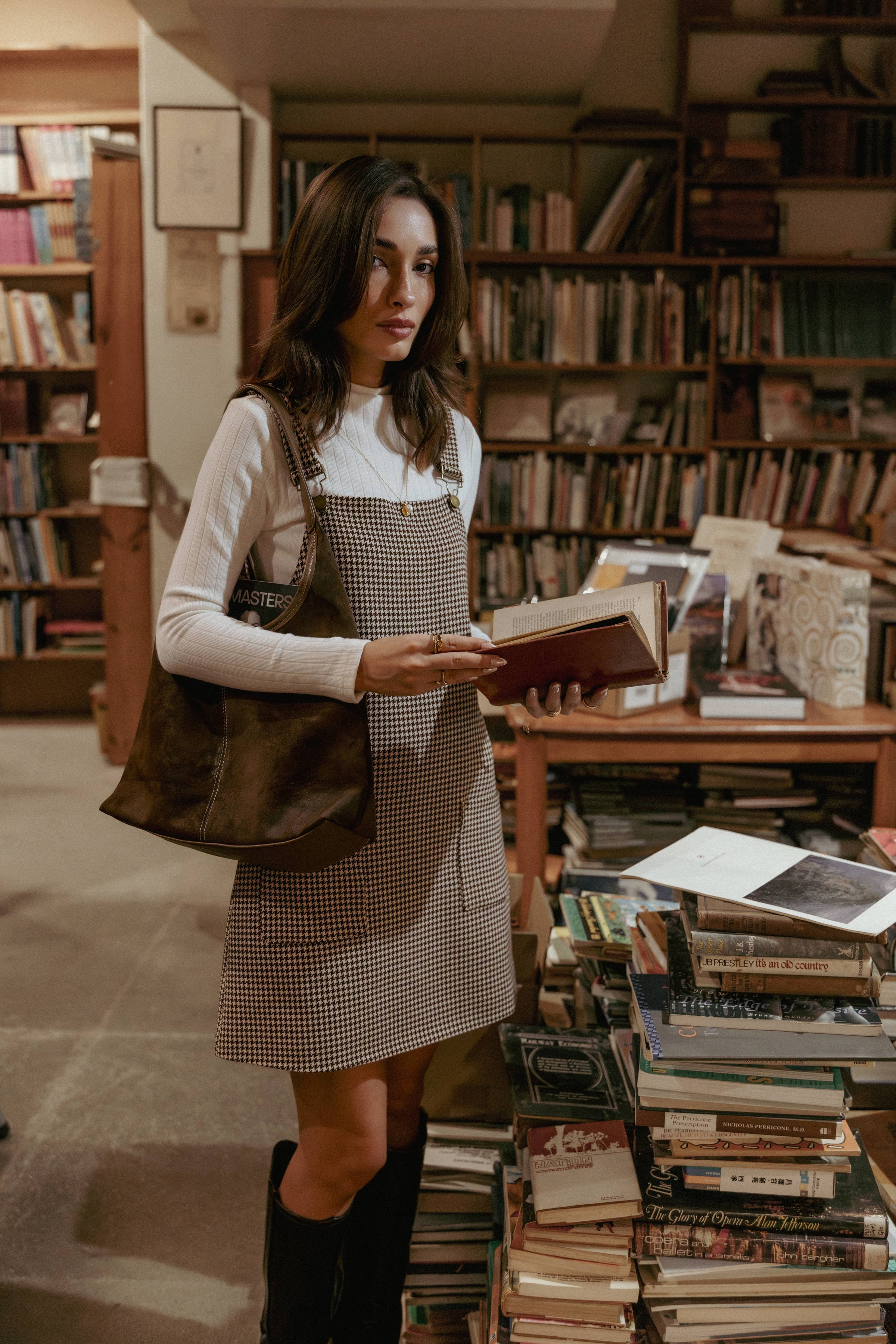 DRESSES @Noah Overall Mini Dress - Brown Houndstooth