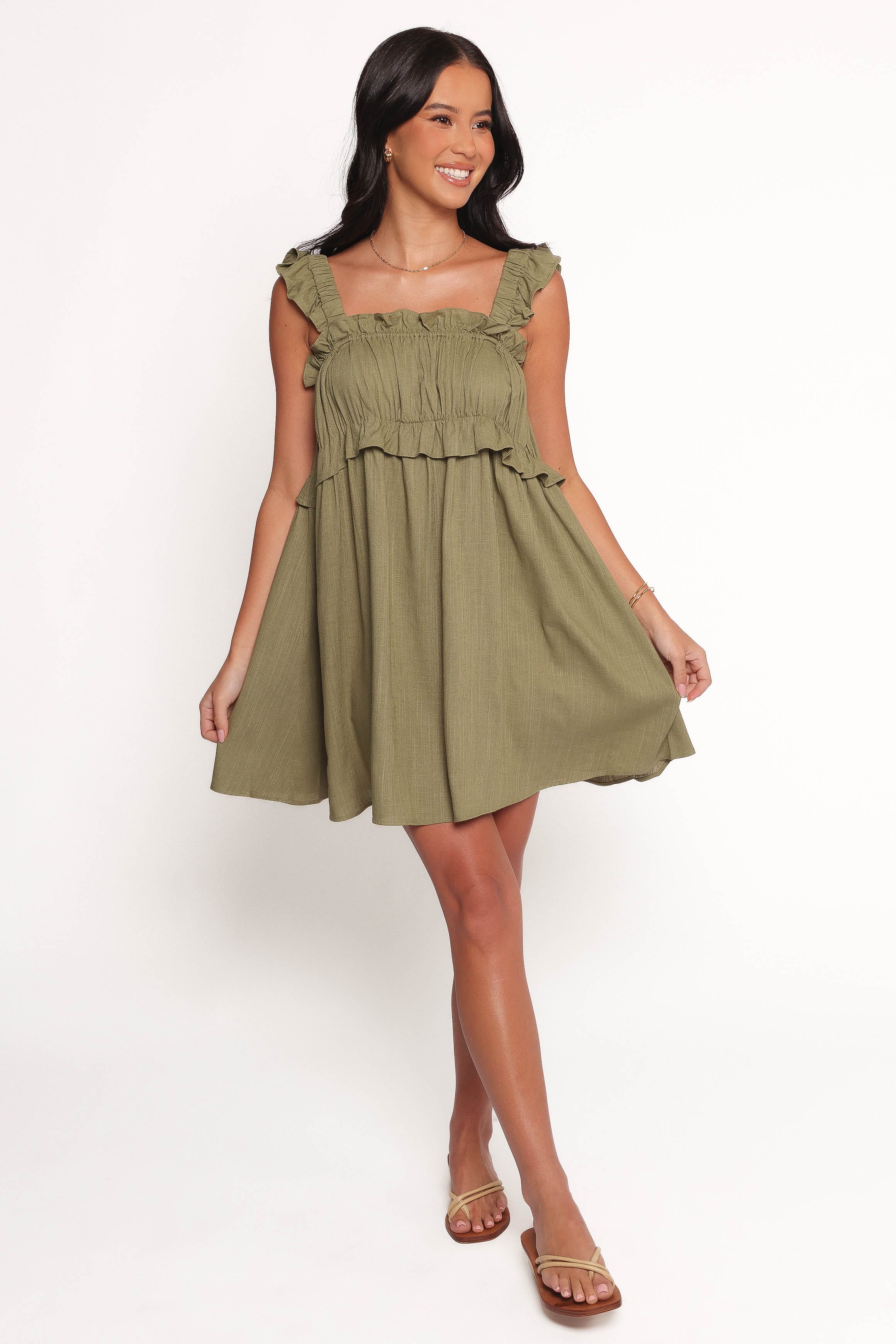 annie ruffle shoulder strap mini dress olive Orion Frill Strap Mini Dress - Olive