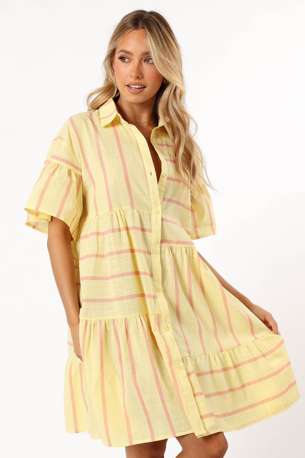 DRESSES @Peachy Mini Dress - Yellow Pink Stripe (Hold for Transitional Essentials)