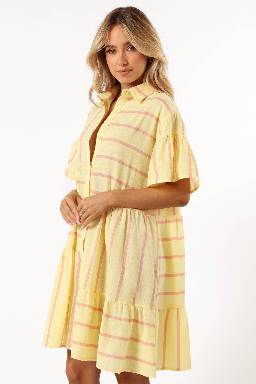 DRESSES @Peachy Mini Dress - Yellow Pink Stripe (Hold for Transitional Essentials)