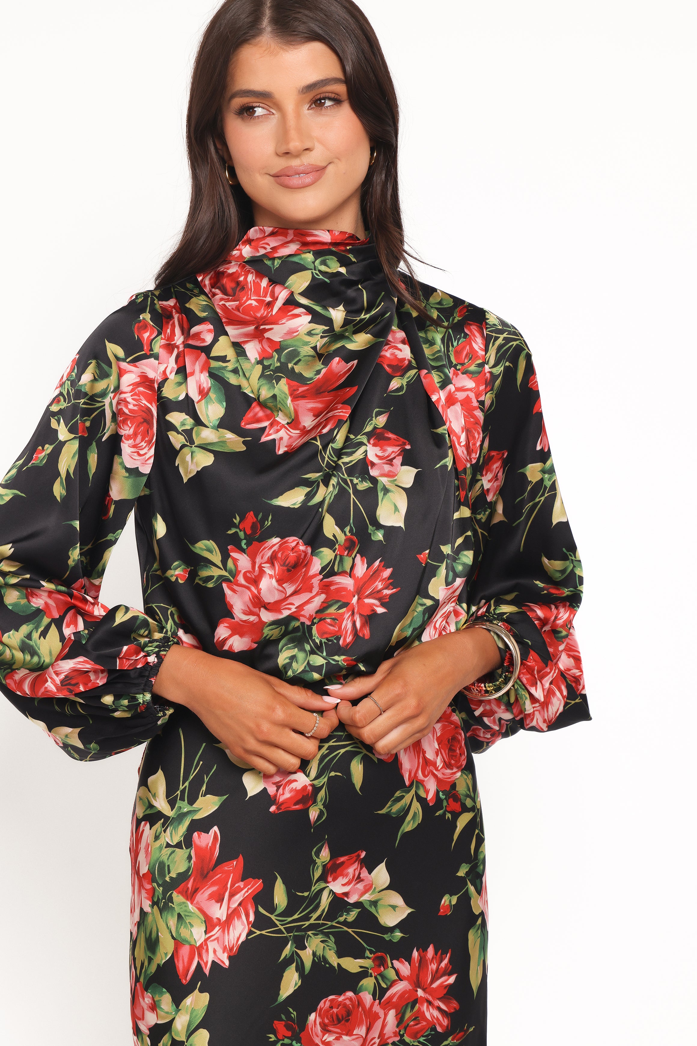 DRESSES Perrie Long Sleeve Midi Dress - Black Floral