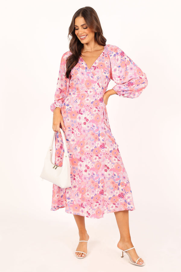 DRESSES @Phiona Long Sleeve Midi Dress - Pink Floral