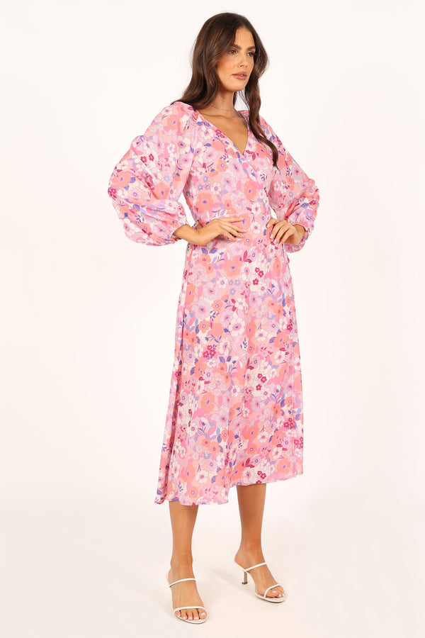 DRESSES @Phiona Long Sleeve Midi Dress - Pink Floral