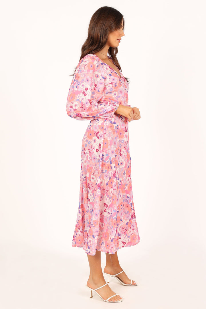 Phiona Long Sleeve Midi Dress - Pink Floral - Petal & Pup