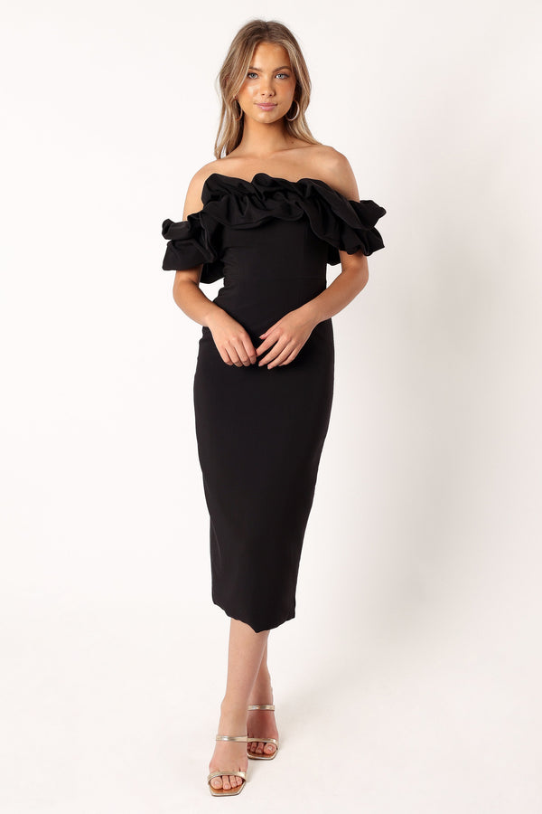 DRESSES @Phoebe Off Shoulder Midi Dress - Black