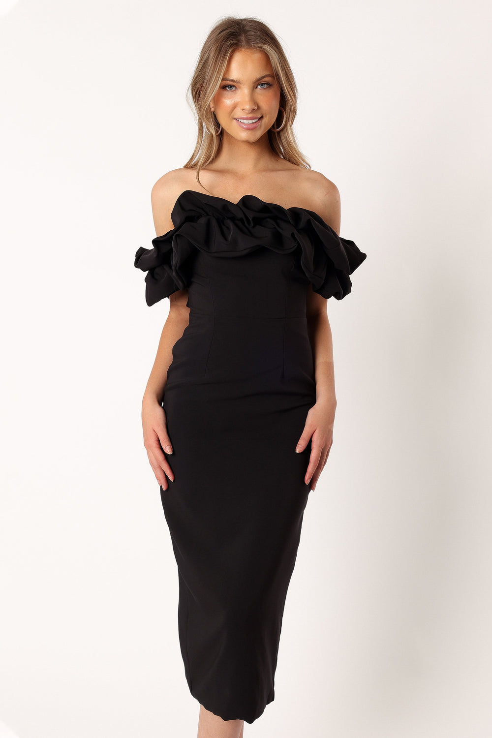 DRESSES @Phoebe Off Shoulder Midi Dress - Black