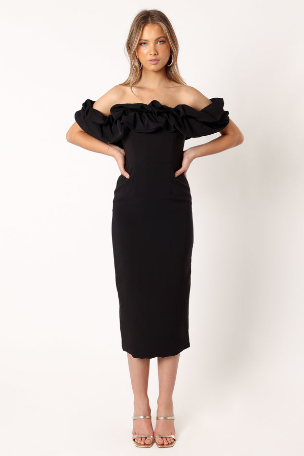 DRESSES @Phoebe Off Shoulder Midi Dress - Black