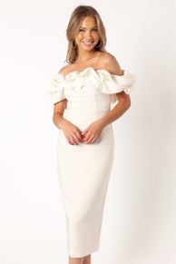 DRESSES @Phoebe Off Shoulder Midi Dress - White