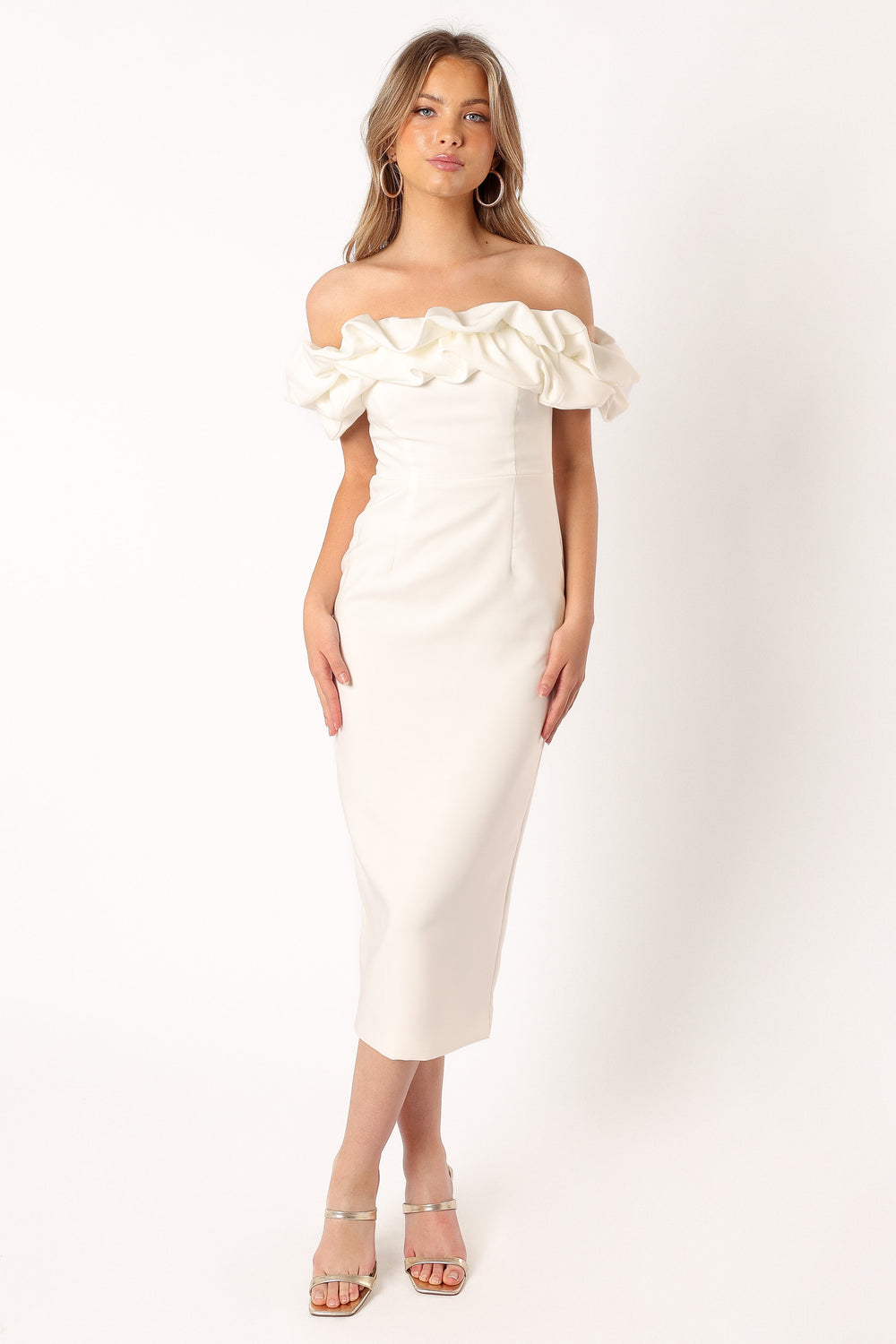 DRESSES @Phoebe Off Shoulder Midi Dress - White