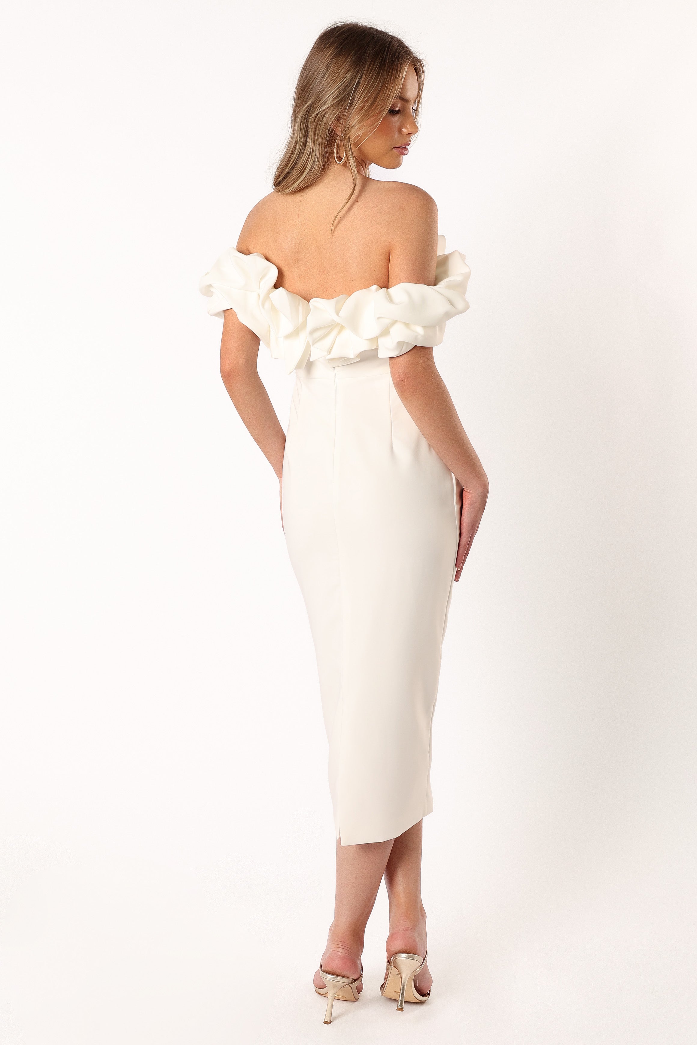 DRESSES @Phoebe Off Shoulder Midi Dress - White