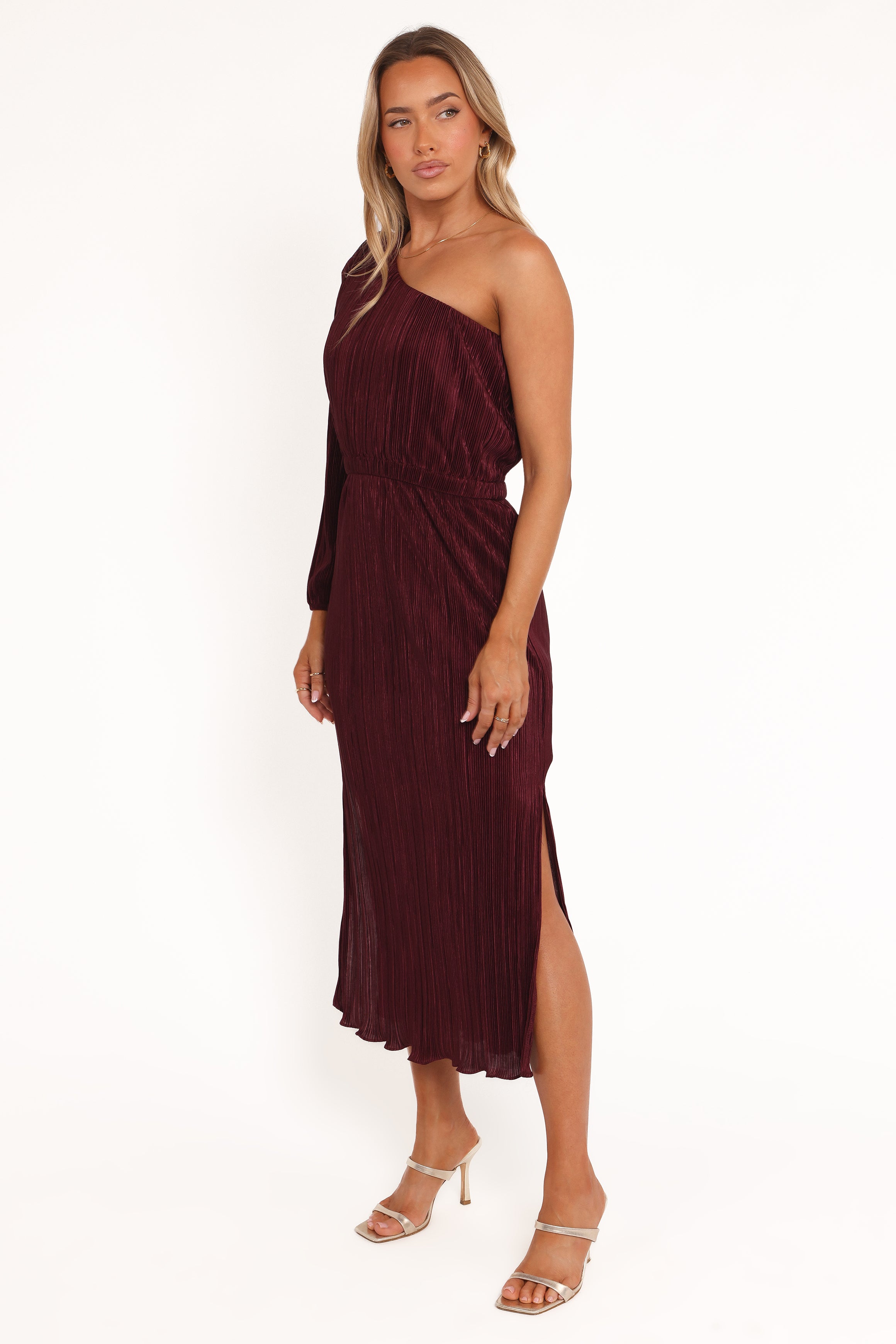 DRESSES Pontee One Shoulder Pleated Midi Dress - Burgundy