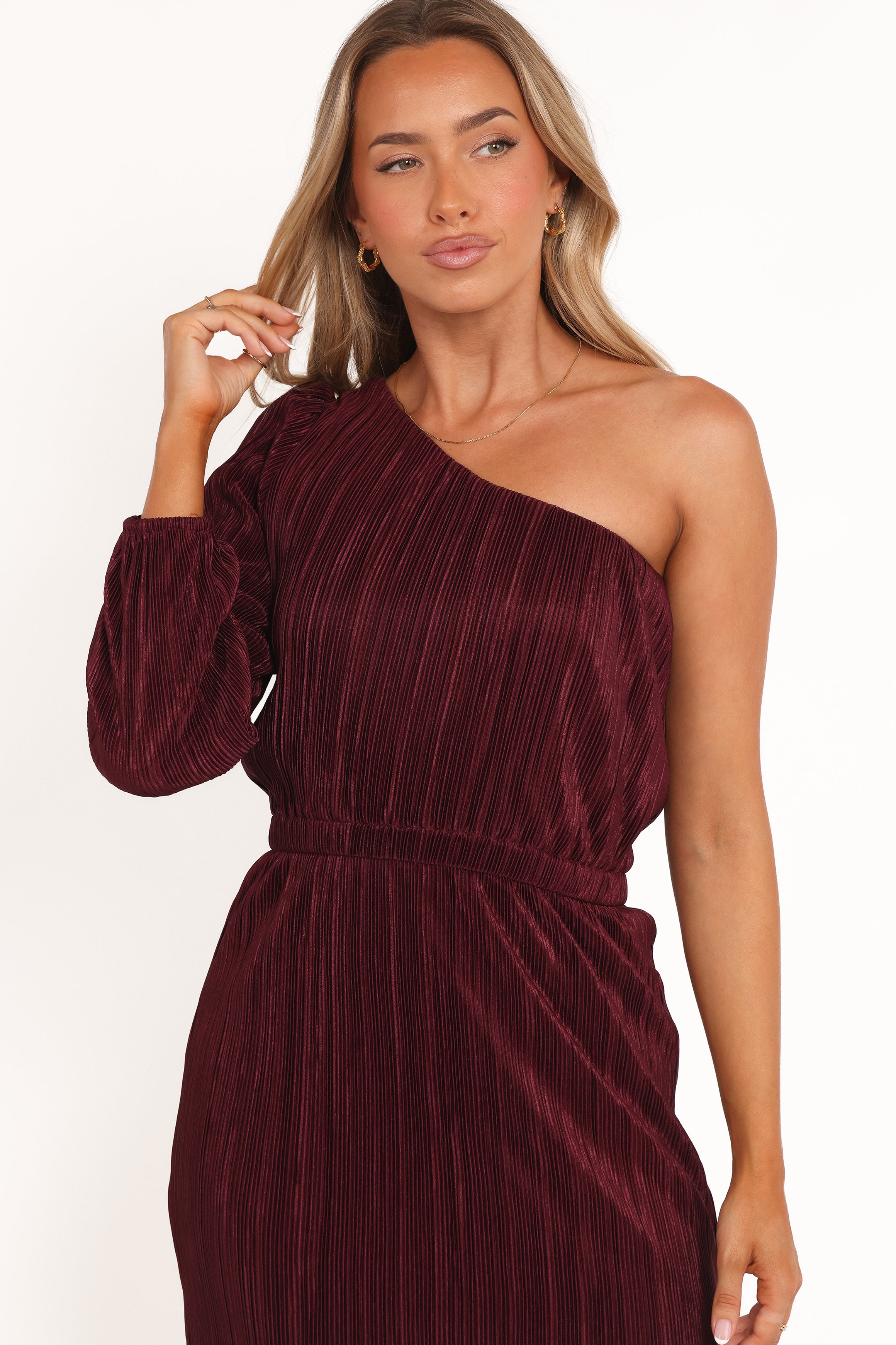 DRESSES Pontee One Shoulder Pleated Midi Dress - Burgundy