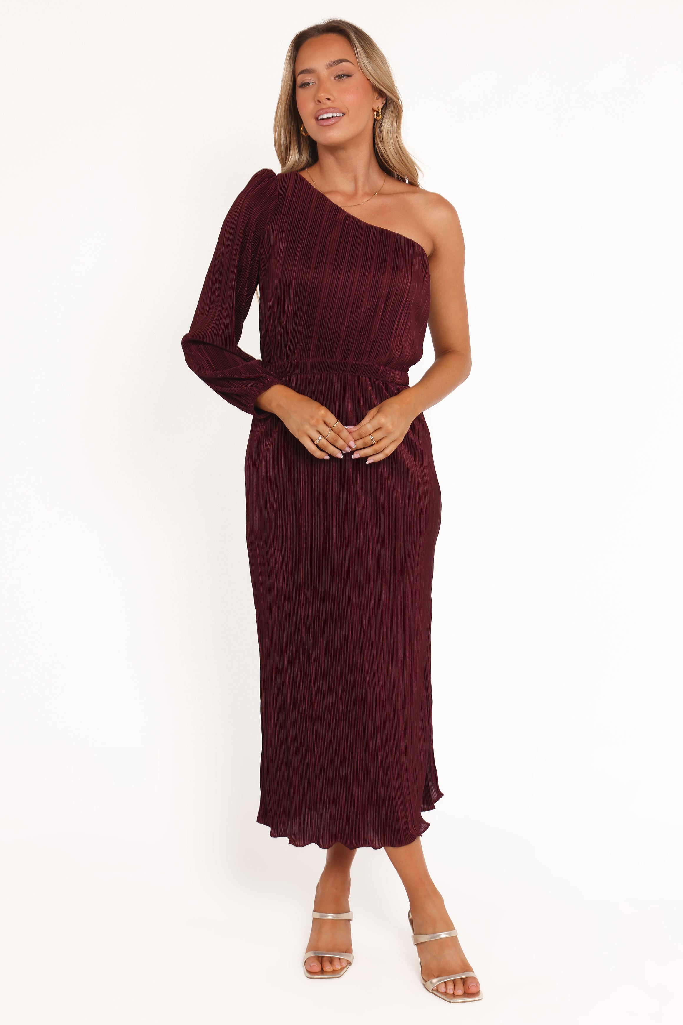 DRESSES Pontee One Shoulder Pleated Midi Dress - Burgundy