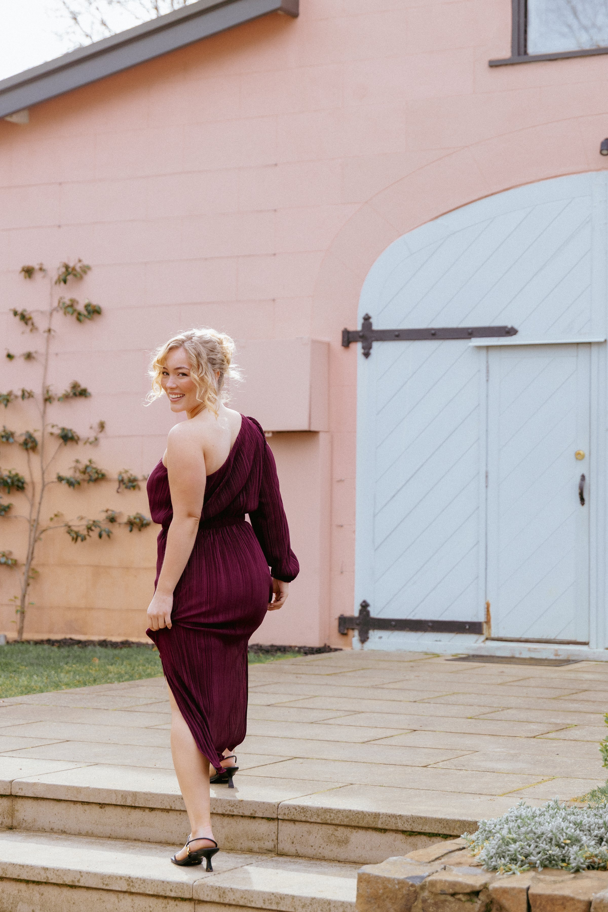 DRESSES Pontee One Shoulder Pleated Midi Dress - Burgundy