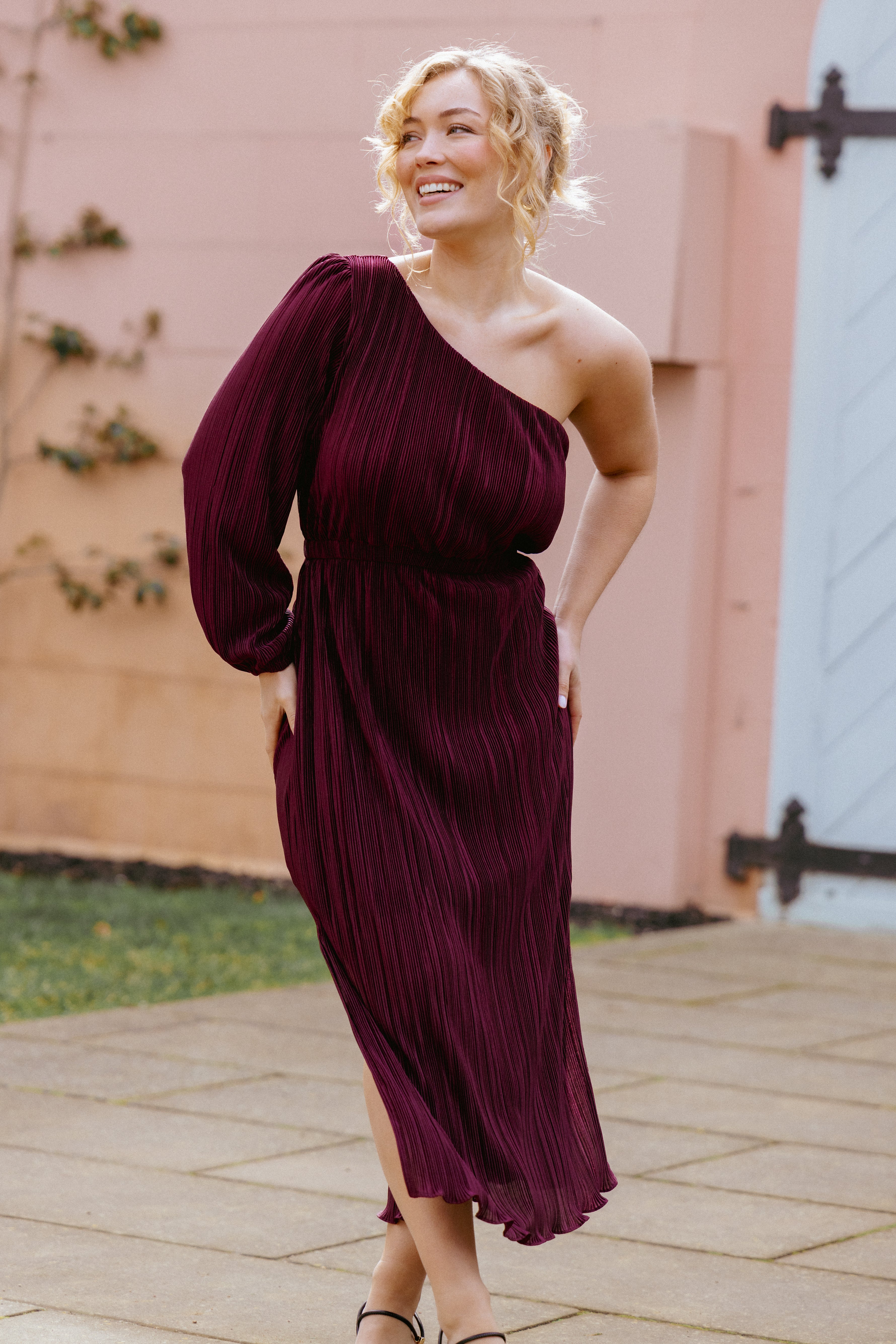 DRESSES Pontee One Shoulder Pleated Midi Dress - Burgundy