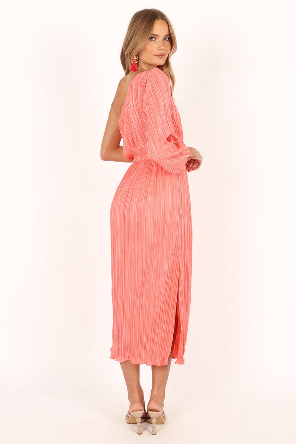 DRESSES @Pontee One Shoulder Pleated Midi Dress - Coral