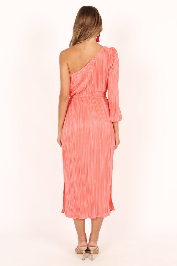 DRESSES @Pontee One Shoulder Pleated Midi Dress - Coral