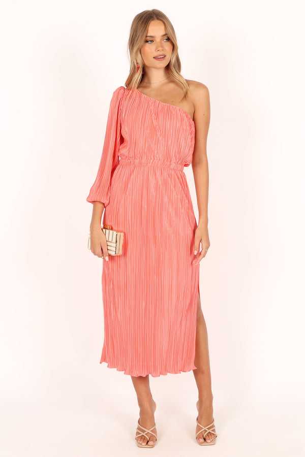 DRESSES @Pontee One Shoulder Pleated Midi Dress - Coral