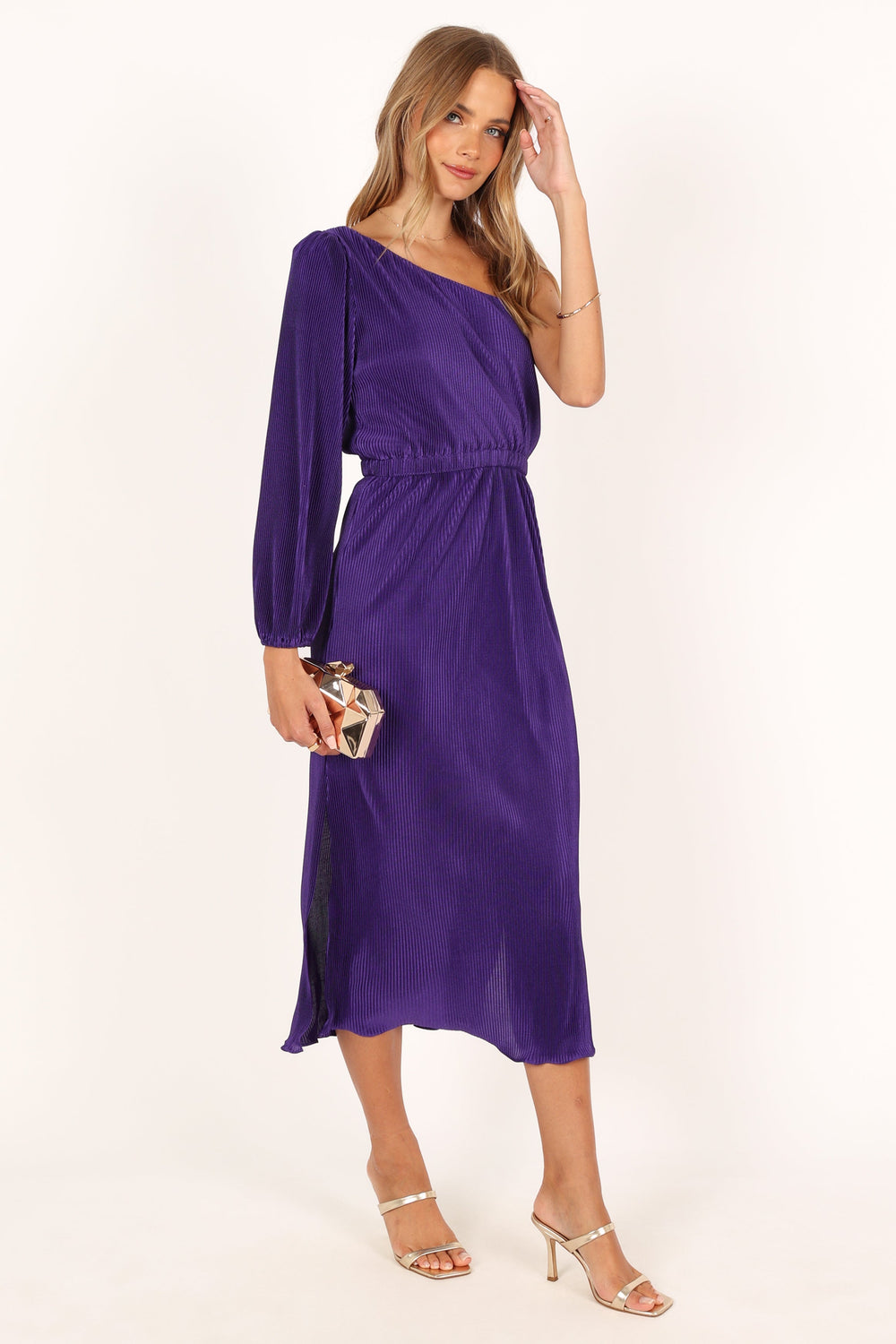 DRESSES @Pontee One Shoulder Pleated Midi Dress - Purple