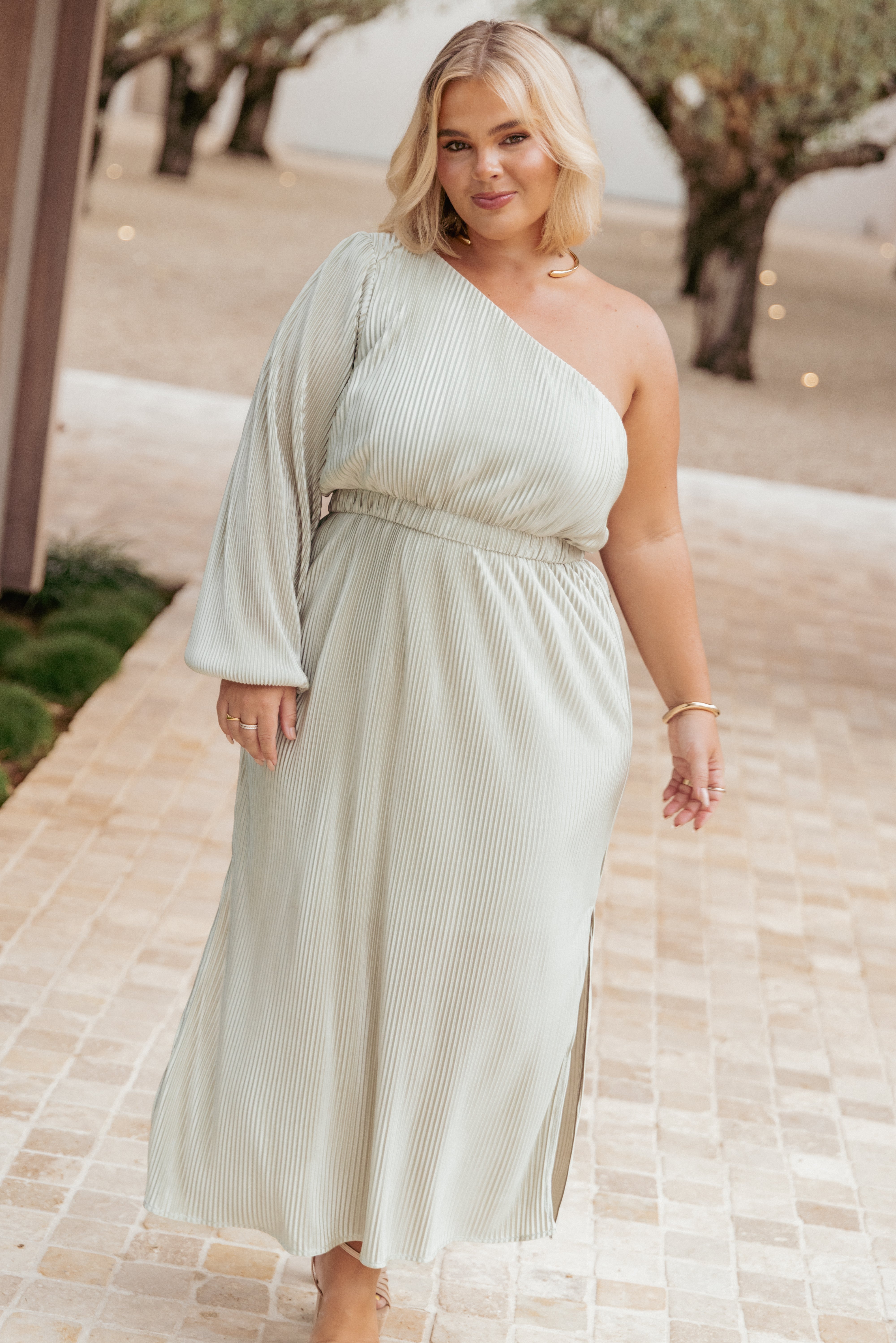 DRESSES Pontee One Shoulder Pleated Midi Dress - Sage Green