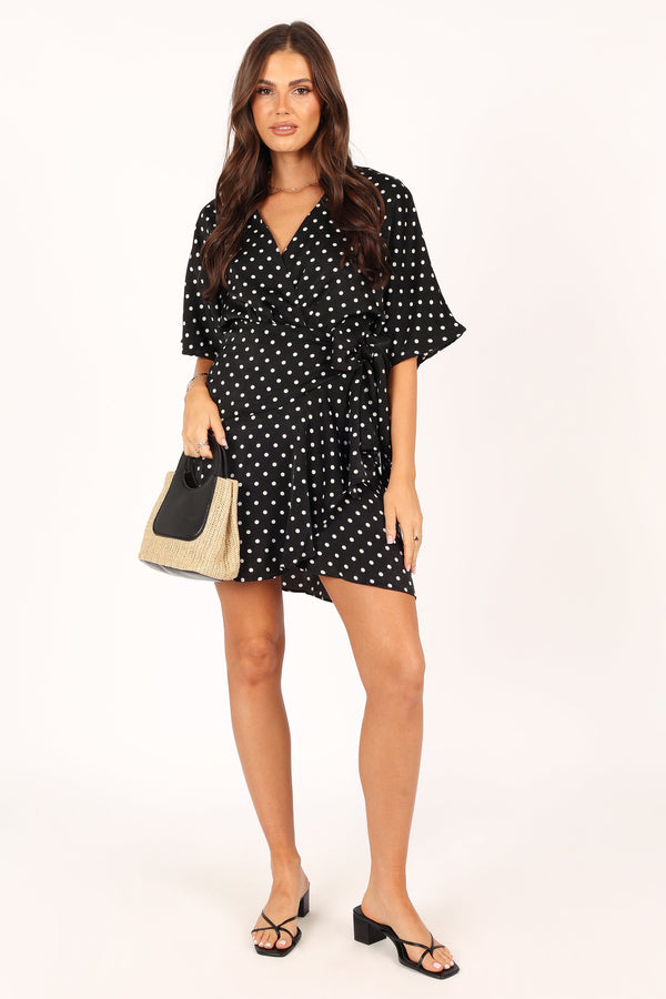 DRESSES @Quest Mini Wrap Dress - Black White Polka Dot (waiting on bulk)