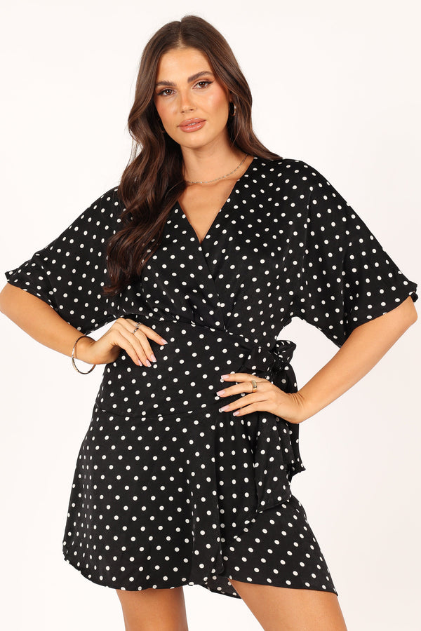 DRESSES @Quest Mini Wrap Dress - Black White Polka Dot (waiting on bulk)