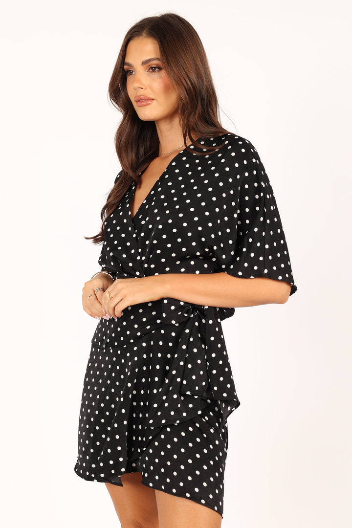 Quest Mini Wrap Dress Black White Polka Dot Petal & Pup