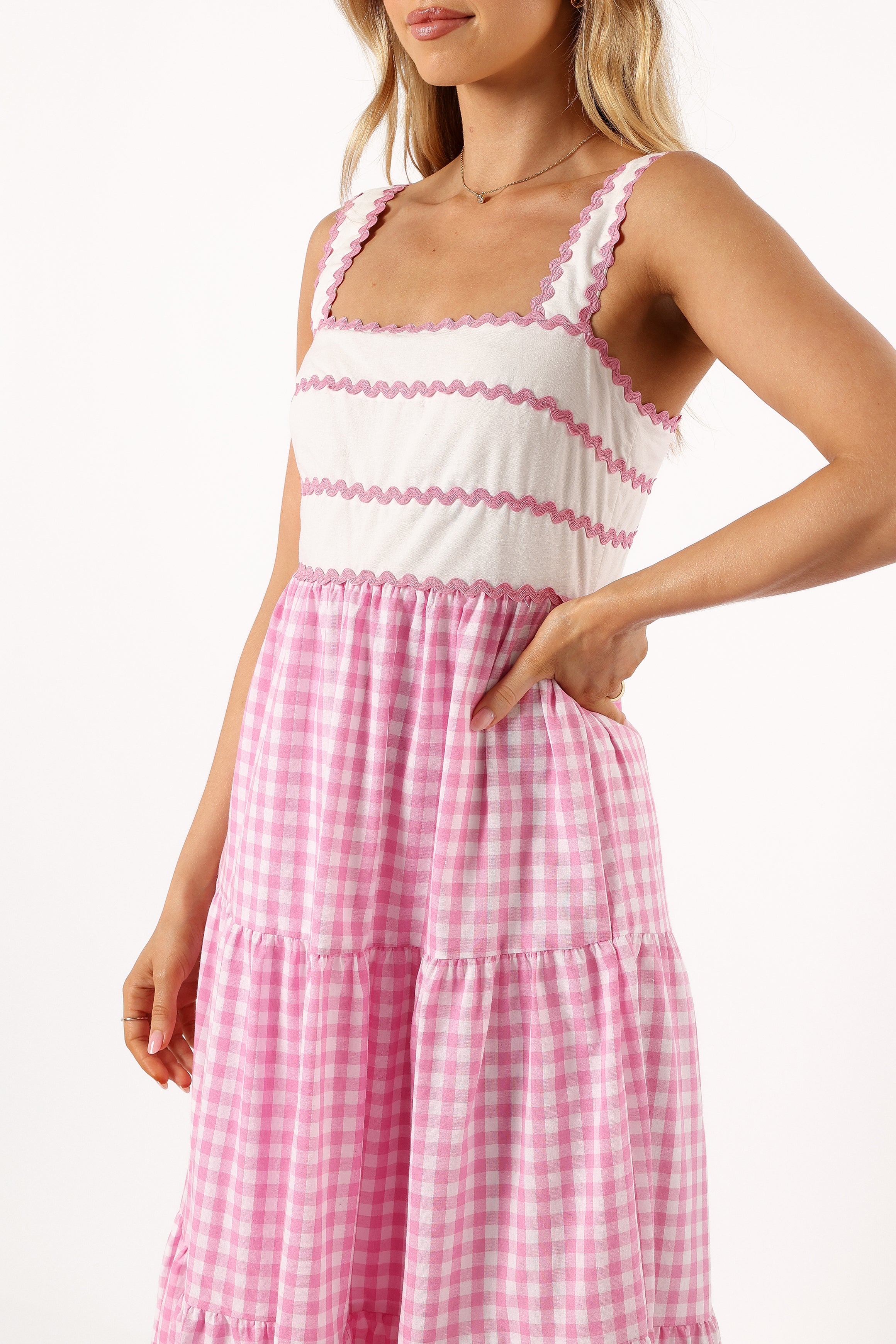 DRESSES @Rebecca Contrast Midi Dress - Pink Gingham