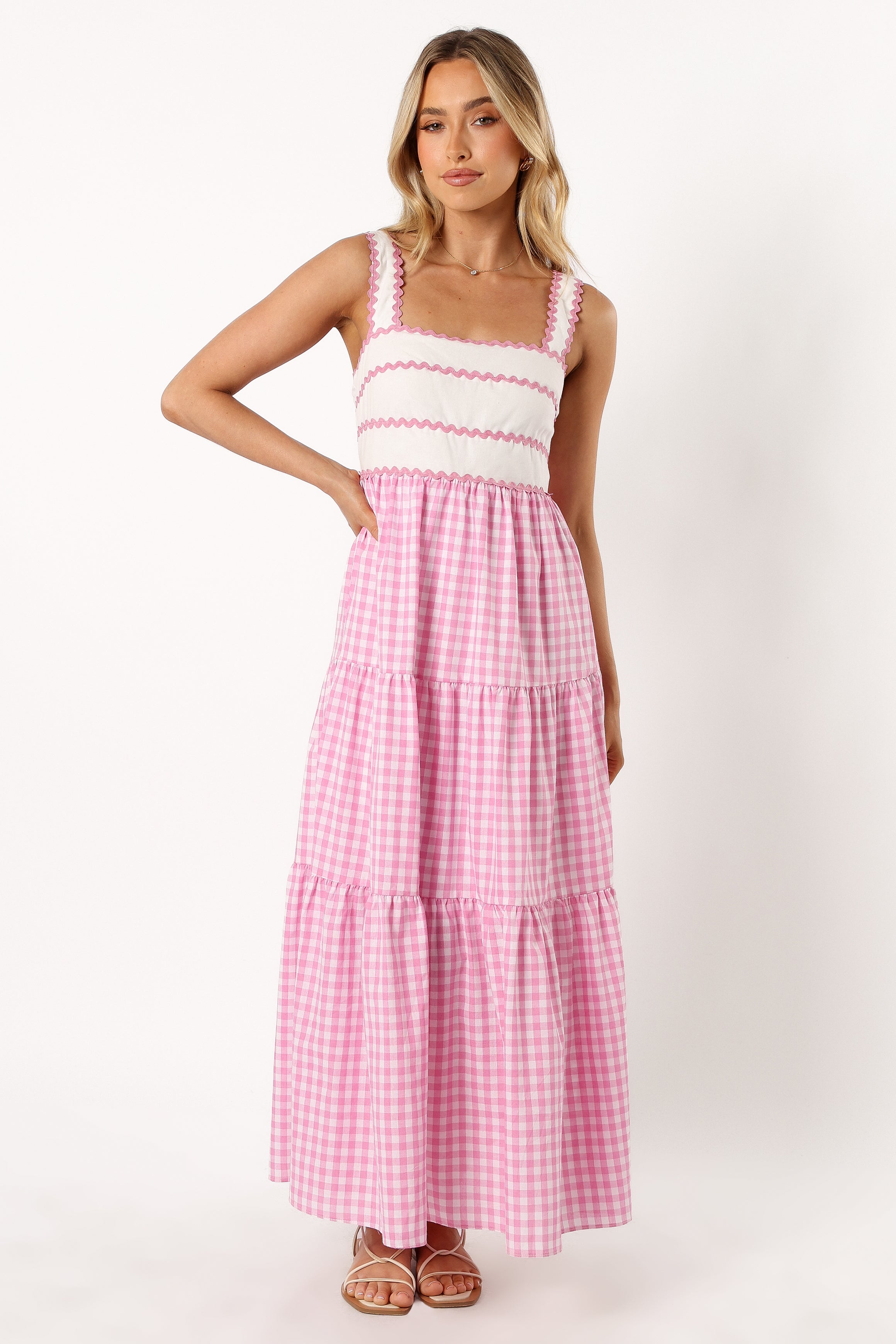 DRESSES @Rebecca Contrast Midi Dress - Pink Gingham