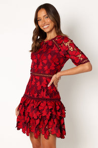 DRESSES @Reign Short Sleeve Lace Mini Dress - Wine