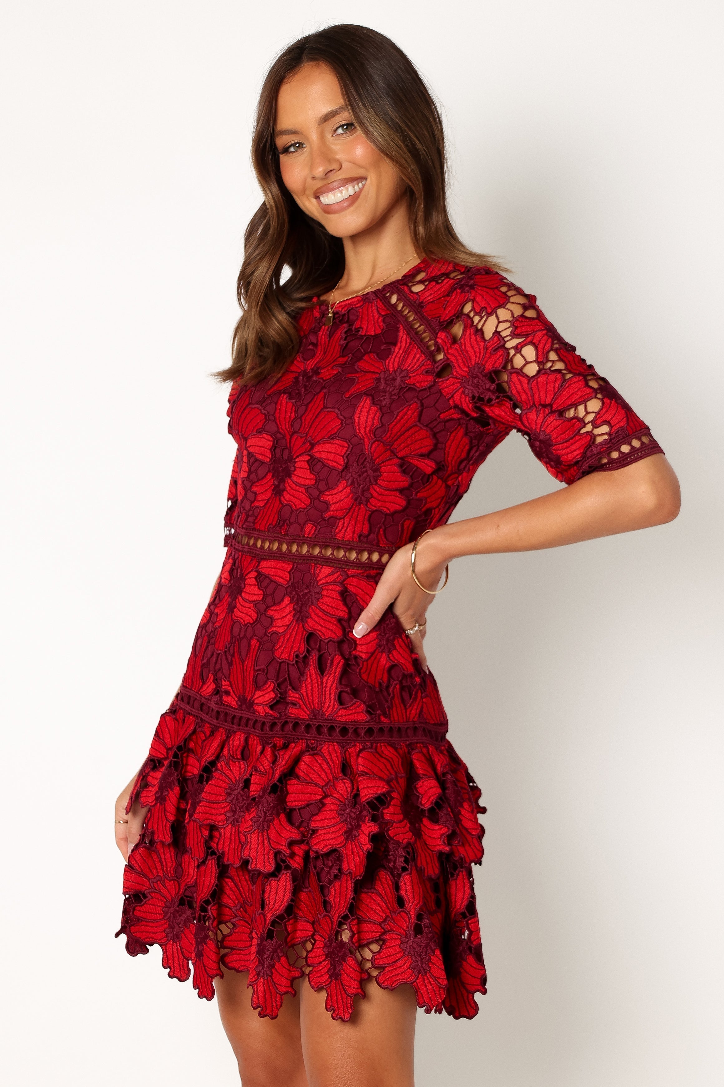 DRESSES @Reign Short Sleeve Lace Mini Dress - Wine