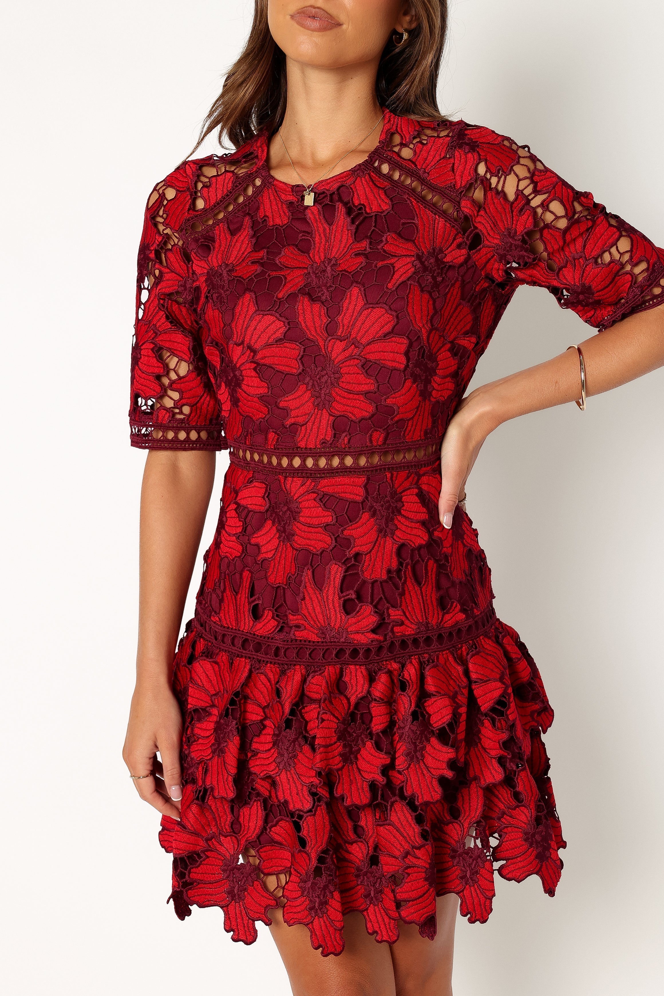 DRESSES @Reign Short Sleeve Lace Mini Dress - Wine